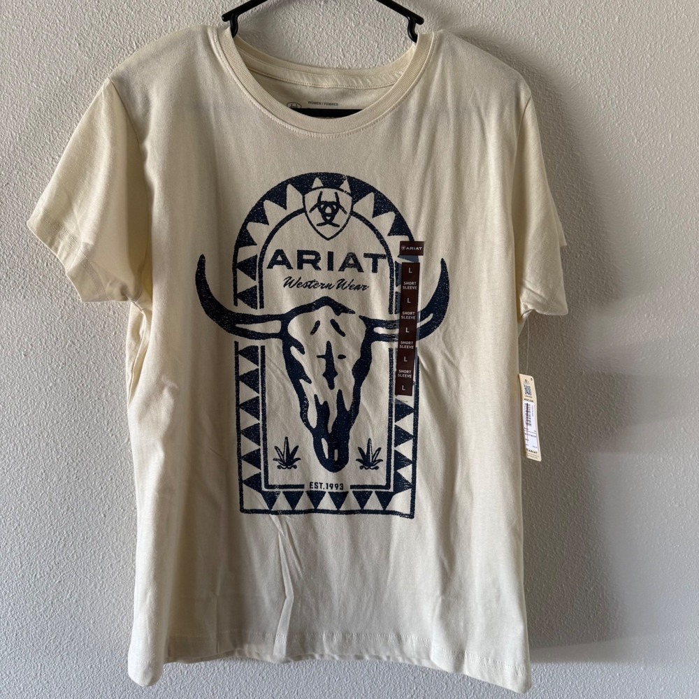 Ariat Womens Western Wear Crewneck Classic Graphic Tee Cream Navy Blue Large